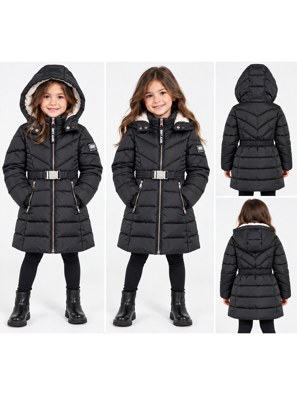 DKNY Jeans Girls 7/8 Black Belted Puffer Coat Sherpa Lined Hooded Jacket NWOT
